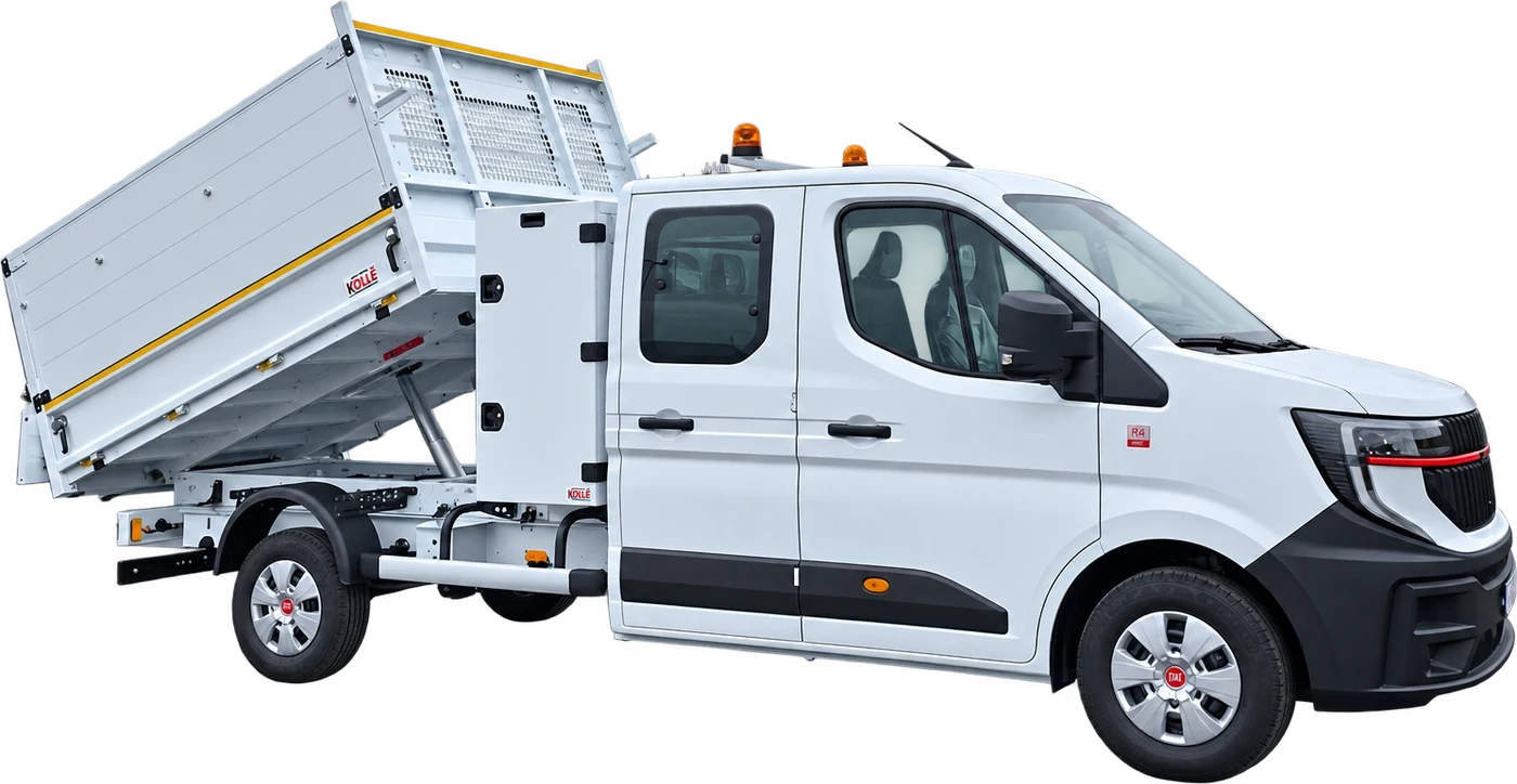 Utilitaire double cabine avec benne levée et coffre derrière cabine